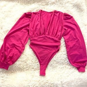 Pink Puff Sleeve Bodysuit Thong Small